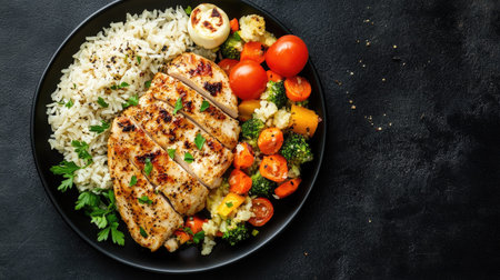 Top view of a black plate featuring baked chicken fillet, rice, and a medley of vegetables, with space for text.の素材