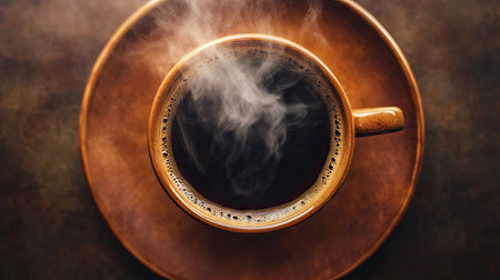 Top-down view of a hot coffee cup resting on a brown plate, highlighting the rich coffee color and aromatic steam.の素材