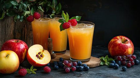 Two refreshing cocktails of apple and multivitamin juices, garnished with an assortment of fresh ripe fruits. -の素材