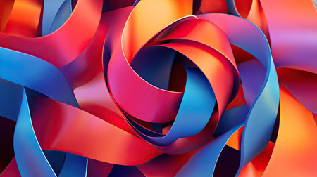 Vibrant 3D ribbons in red, orange, and blue, creating a colorful and lively abstract background.の素材