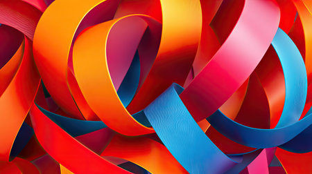 Vibrant 3D ribbons in bright red, orange, and blue, creating an abstract and dynamic background.の素材