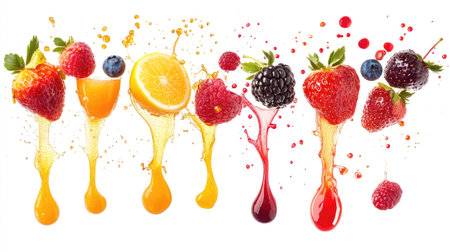 Various berries and splashing juice, set against a white background, emphasizing freshness and vitality.の素材