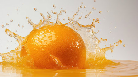 Whole orange in mid-splash with orange juice, isolated on white, showcasing the juicy nature of the fruit.の素材