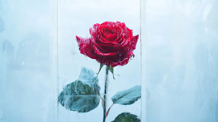 A single red rose framed by frosted glass, creating a mysterious and dreamy look.の素材
