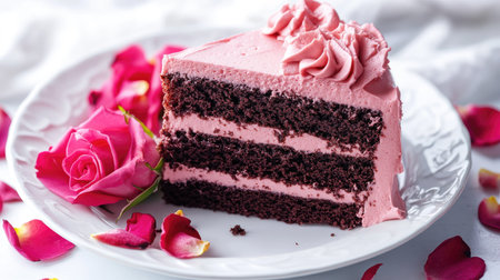 A slice of rich Valentine chocolate cake layered with pink frosting, presented on a white plate with rose petals.の素材