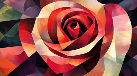 An abstract rose illustration, with geometric shapes and a variety of bold, contrasting colors.の素材