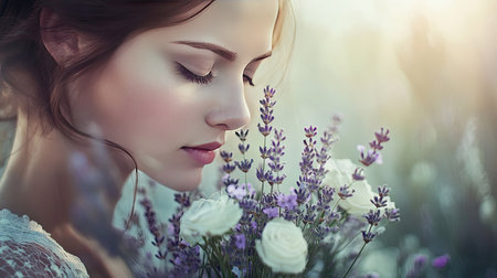 A woman holding a bouquet of lavender and white roses, captured in soft focus.の素材