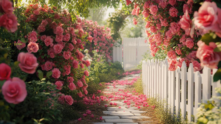 A blooming rose garden surrounded by a white picket fence, offering a charming and romantic atmosphere.の素材