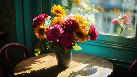 A vibrant rose bouquet accented with sunflowers, placed on a caf table with soft sunlight.の素材