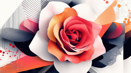 An abstract rose illustration, with geometric shapes and a variety of bold, contrasting colors.の素材