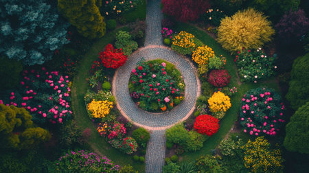 An overhead view of a rose garden featuring vibrant blooms in various shades of red, pink, and yellow.の素材