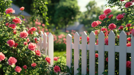 A blooming rose garden surrounded by a white picket fence, offering a charming and romantic atmosphere.の素材