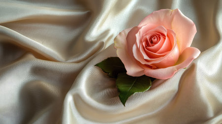 A beautiful pink rose flower in soft sunlight, placed on a gentle fabric background with space for text.の素材