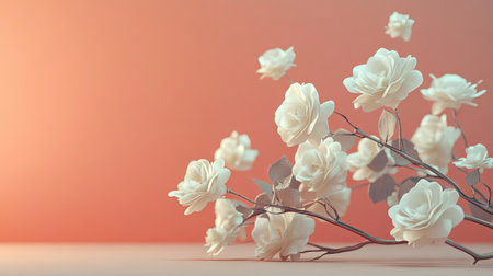 A close-up of a delicate floral arrangement with white roses, offering a calm and minimalist design with space for text.の素材