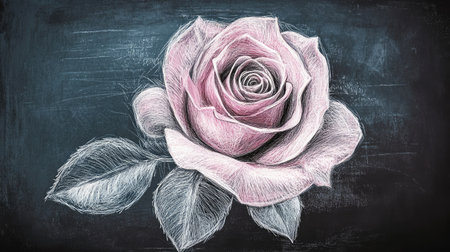 A chalk-style drawing of a rose on a blackboard, with soft white and light pink strokes that contrast against the dark surface.の素材