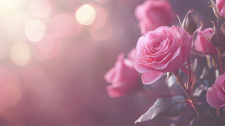 A close-up of a fresh pink rose bouquet with soft bokeh background, leaving room for personalized text.の素材