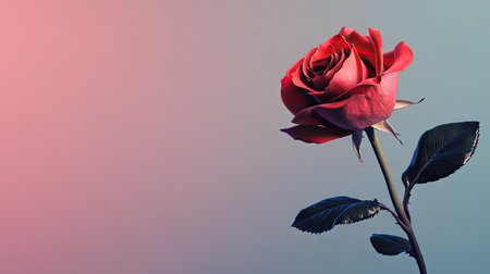 A close-up of a pink rose in front of a soft, gradient background, with clear space for a quote or branding.の素材