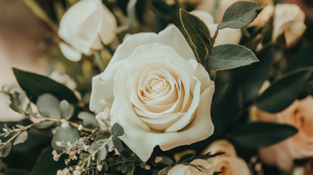 A close-up of a white rose arrangement with soft greenery and ample open space for text placement.の素材