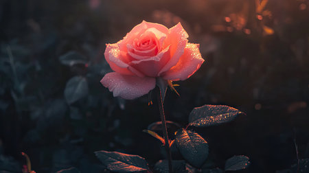 A close-up of a blooming pink rose with morning dew drops on its petals in a garden setting.の素材