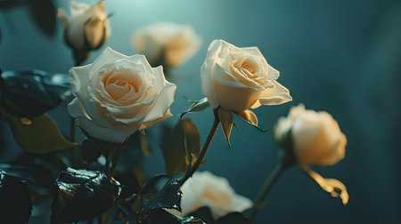A close-up of a white rose arrangement with gentle lighting, offering clear space for messaging at the top.の素材