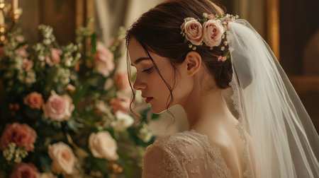 A bride wearing a delicate rose hairpiece, with soft curls and a wedding veil in a romantic setting.の素材