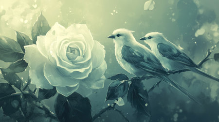 A close-up of a white rose with two lovebirds in the background, leaving space for romantic text.の素材