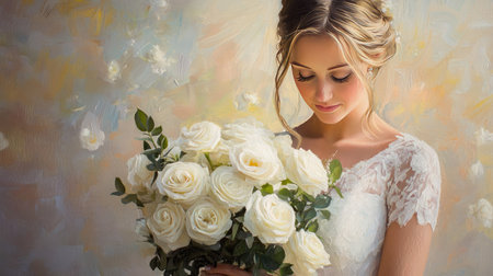 A bride holding a bouquet of white roses, with the background softly blurred for ample copy space.の素材
