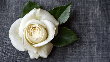 A close-up of a white rose boutonniere pinned to a groom's suit jacket, with negative space on the side.の素材