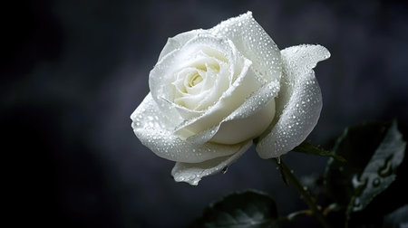 A close-up of a white rose with raindrops, against a dark background with clear space for text.の素材