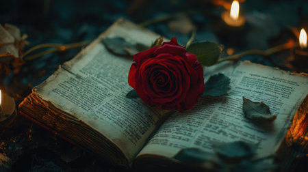 A close-up of a red rose resting on an open book of poetry, symbolizing timeless love and beauty.の素材