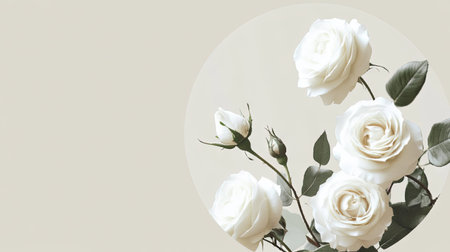 A circular floral design featuring white roses, with a minimalistic background and ample copy space.の素材