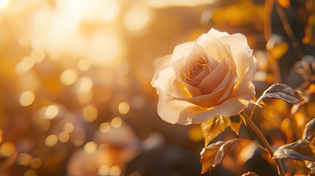 A close-up of a white rose with a soft glow, symbolizing love, with a light, blurred background and space for text.の素材