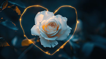 A close-up of a white rose surrounded by a heart-shaped outline, with open space for copy.の素材