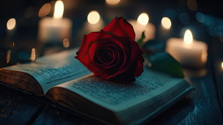 A close-up of a red rose resting on an open book of poetry, symbolizing timeless love and beauty.の素材