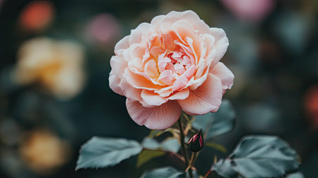 A close-up of a pink rose flower with soft petals and a blurred background, creating room for a personalized message.の素材