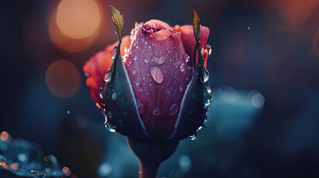 A close-up of a rosebud beginning to bloom, with droplets of water resting on its delicate petals.の素材