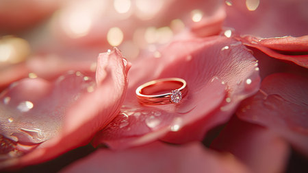 A close-up of a wedding ring on a rose petal, symbolizing elegance and romance in a wedding setting.の素材
