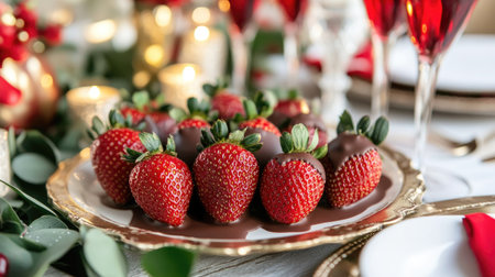 A close-up of chocolate-dipped strawberries arranged on a platter with a romantic Valentine setup.の素材