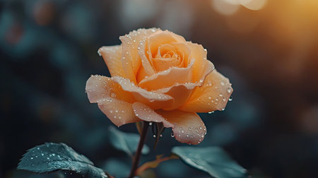A close-up of a yellow rose with dewdrops on its petals, captured in the morning light for a fresh, serene look.の素材
