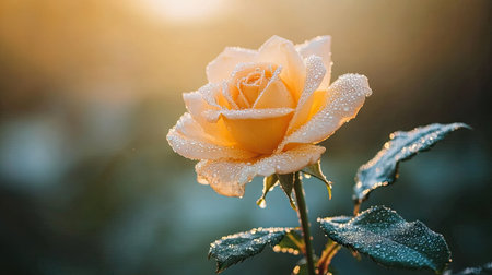 A close-up of a yellow rose with dewdrops on its petals, captured in the morning light for a fresh, serene look.の素材