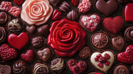 A creative display of Valentine chocolates shaped like roses, rings, and hearts, arranged in a box.の素材