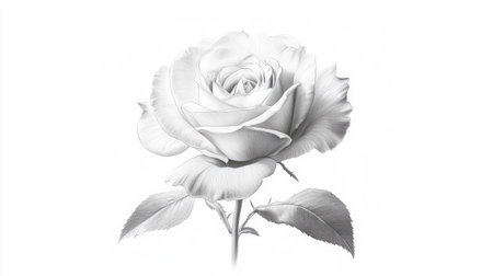 A detailed, realistic graphite drawing of a single white rose with soft, blended shading and intricate petal details.の素材