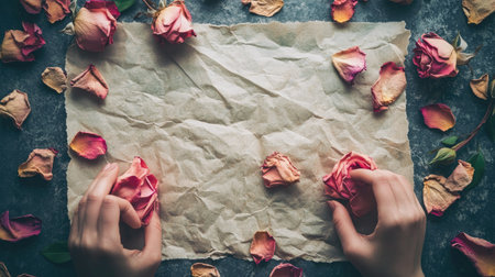 A flat-lay of dried roses and petals on parchment paper, creating a nostalgic aesthetic.の素材