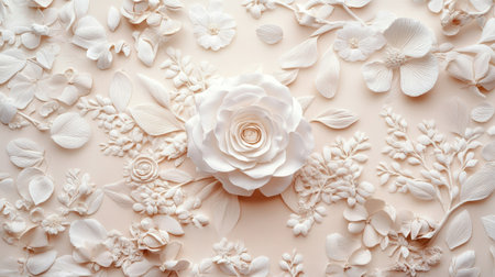 A delicate white rose in the center of a floral design with soft petals around it, with room for text.の素材