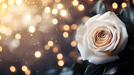 A dreamy white rose surrounded by soft bokeh lights, with a clear section for text.の素材