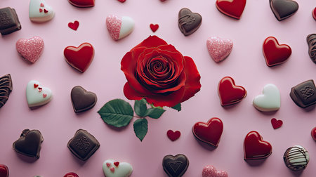 A flat-lay of a red rose surrounded by heart-shaped chocolates and Valentine's Day decorations.の素材