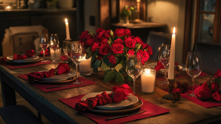 A cozy dinner setting with a table adorned with rose-themed placemats, napkins, and rose centerpiece for an intimate feel.の素材