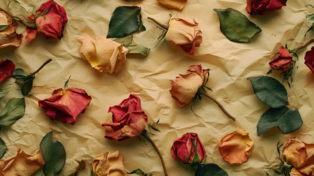A flat-lay of dried roses and petals on parchment paper, creating a nostalgic aesthetic.の素材