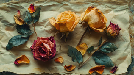 A flat-lay of dried roses and petals on parchment paper, creating a nostalgic aesthetic.の素材