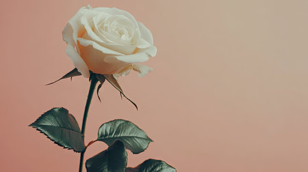 A detailed close-up of a white rose on a soft pastel background, creating room for text.の素材